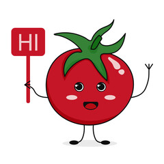 Cute funny cartoon tomato saying Hi. Vector flat illustration isolated on white background.