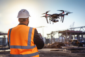 Engineer flies a drone over a construction site. Operator inspecting construction building site flying with drone. Using drone for building site survey in civil engineering project. Generative AI - obrazy, fototapety, plakaty