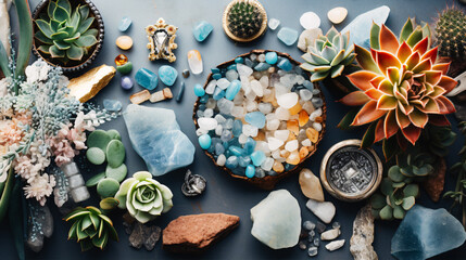 A creative aerial gaze of an appealing spread containing assorted succulents, gemstones, and fashionable bohemian decorations.