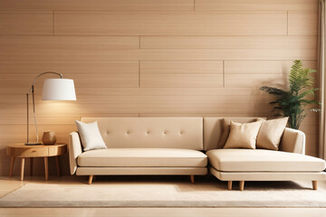 Beige corner sofa against of wooden paneling wall. Minimalist interior design of modern living room.