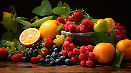 An attractive still life photograph featuring a variety of ripe fruit artfully arranged.