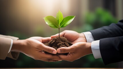 Symbolizing agriculture and cooperation, two business hands clasping verdant plants represent a green business entity. - obrazy, fototapety, plakaty