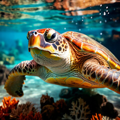 Naklejka na ściany i meble Sea turtles swims underwater. Underwater sea turtles. Sea turtles underwater scene. Sea turtle underwater closeup. AI Generated
