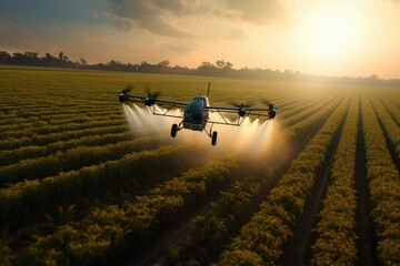 Obraz premium Aerial View Of Sunset Spraying On Soybean Plantation From Drone