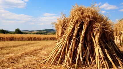 Stalks of corn stand in a reaped field during the warm season.