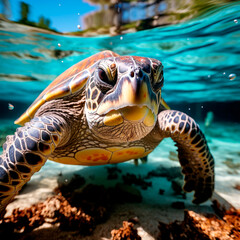 Fototapeta na wymiar Sea turtles swims underwater. Underwater sea turtles. Sea turtles underwater scene. Sea turtle underwater closeup. AI Generated