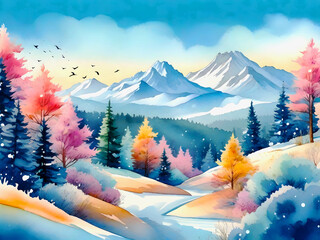 Watercolor color winter landscape illustration of mountains, coniferous and deciduous trees covered with snow. Design elements for poster, book cover, brochure, magazine, flyer, booklet
