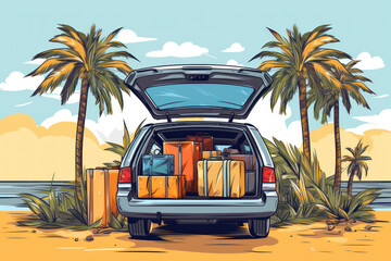 Open trunk of a car with suitcases and belongings, traveling by car to the sea or ocean coastline, illustration