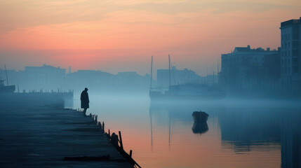 lonely person on wooden dock on foggy harbor - obrazy, fototapety, plakaty