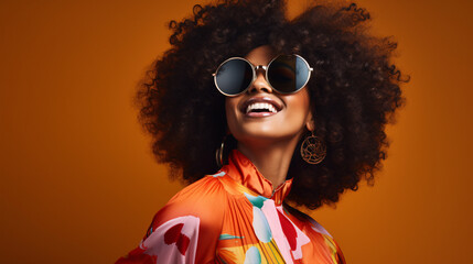 A cheerful African-American lady sports a stylish vintage ensemble, complete with fashionable sunglasses and a designer jacket.