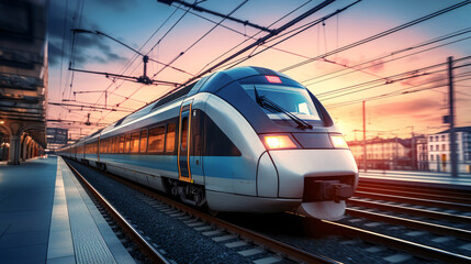 Naklejka premium A passenger train in motion creates a mesmerizing scene against the backdrop of a sunset on the railway..