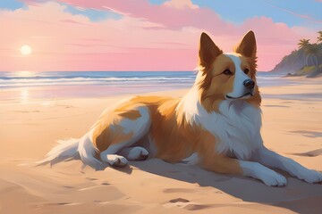 Um cachorro alegre e feliz deitado e brincalhão na praia durante um lindo por do sol. Céu e ambiente rosado. Cachorro na beira do mar sentado alegremente. Cachorrinho feliz e cheio de energia. - obrazy, fototapety, plakaty