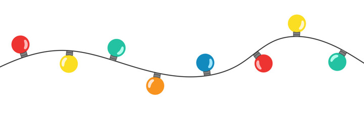 Christmas New Year garland isolated on white. Colored light bulbs. Festive banner design element. Glowing Birthday Party Lights