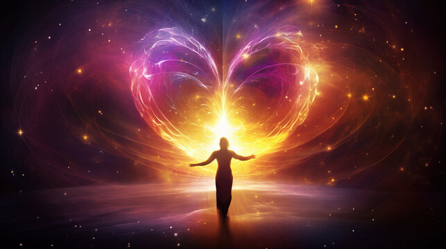 Person reaching out to a glowing heart made of light and energy. Spiritual love, soul, and energy work concepts. Colorful artistic background.