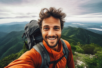 Young hiker man taking a selfie portrait on the top of a mountain. Happy young athletic man on an adventure, taking a photo with beautiful view