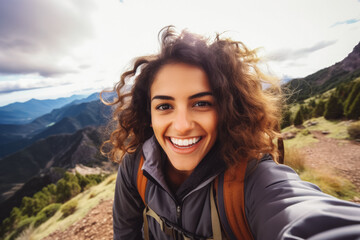 Naklejka na ściany i meble Young latina hiker woman taking a selfie portrait on the top of mountain. Happy young athletic woman on adventure, taking a photo with beautiful view
