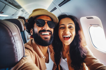 Happy indian tourist couple taking a selfie inside an airplane. Positive young couple on a vacation...