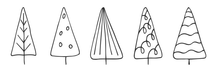 Set of abstract geometric Christmas trees. Doodle hand drawn outline pine spruce fir isolated on white. Black line drawn symbol of winter holidays. Design element