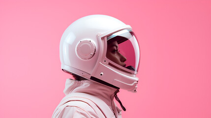 women's day, beautiful female astronaut on pink background with copy space