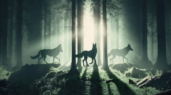 Three mystical spirit wolves in glowing light, hunting in a dark forest. Mysterious wild animals in the woods.