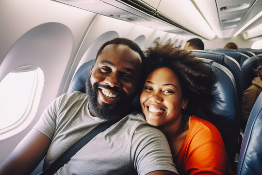 Happy black tourist couple taking a selfie inside an airplane. Positive young couple on a vacation taking a selfie in a plane before takeoff.