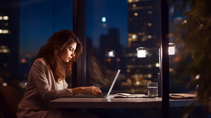 Beautiful successful businesswoman working on laptop at her modern workplace in the middle of the night