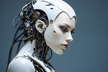 beautiful robot woman beautiful face wires and mechanisms on the body high technology artificial intelligence human-mechanism