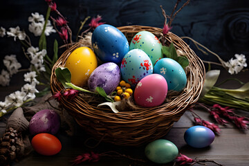 Fototapeta na wymiar painted easter eggs in a nest