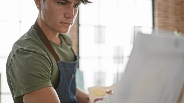 Serious young hispanic teenager artist engrossed in drawing portrait at indoor art studio, standing relaxed in apron, perfectly illustrating his creativity, learning, and love for painting
