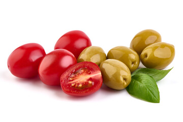 Fresh cherry tomatoes and olives, isolated on white background.