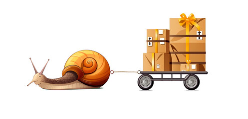 Snail mail- Schneckenpost - metaphor. Slow parcel delivery, delayed shipping of parcels, delayed logistics problem and shipping delay because of a snail that is too slow.