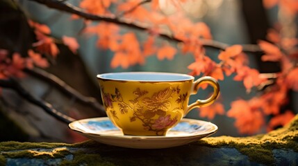 Naklejka na ściany i meble A vibrant ceramic tea cup, brimming with golden oolong tea, set against a serene backdrop.