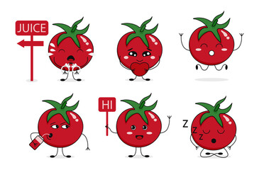 Cute little cartoon tomato set. Tomatoes that: laugh, cry, jump, sleep, etc. Six poses vector illustration character.