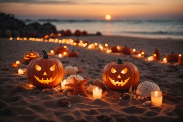 Halloween on a beach, glowing lights in the Pumpkins, starfish and seashells on the seashore at sunset