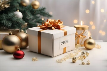 Fototapeta na wymiar 2024 New year greeting with gift box, celebration, white background