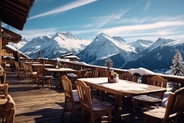 Chalet Restaurant Or Cafe With View Of Snowy Alps - obrazy, fototapety, plakaty