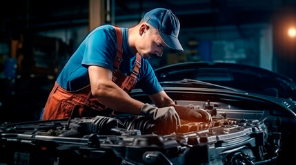 Fototapeta na wymiar Mechanic repairing car wheel in auto repair shop. AI generated