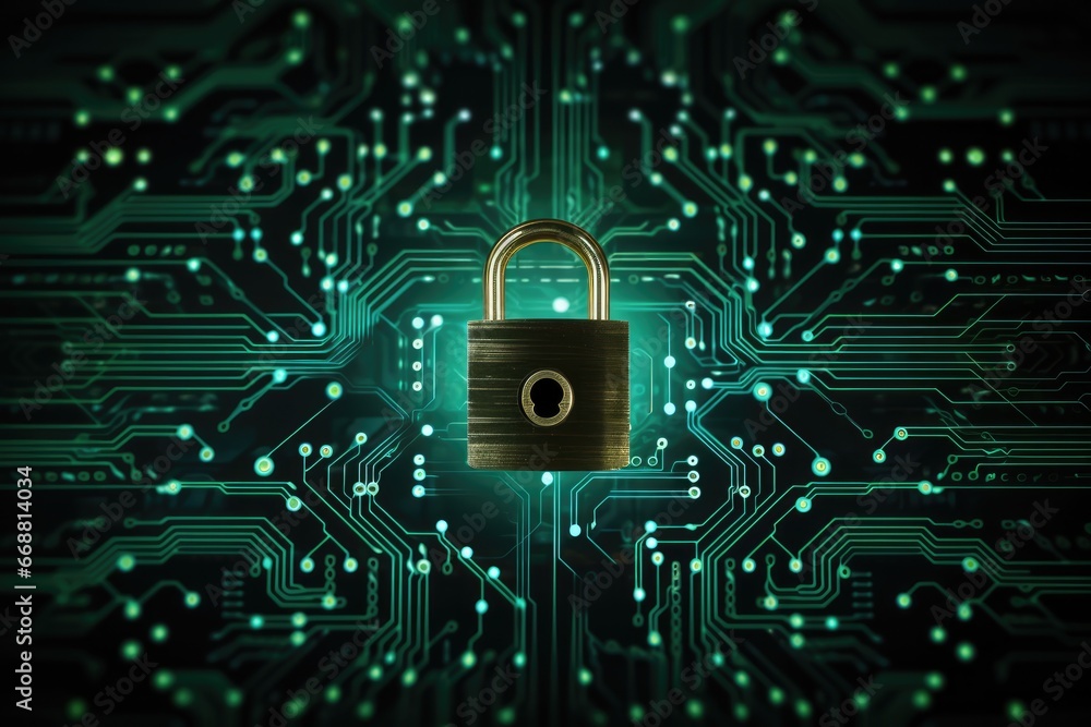 Poster circuit pattern with lock symbolizing data security and cybersecurity
