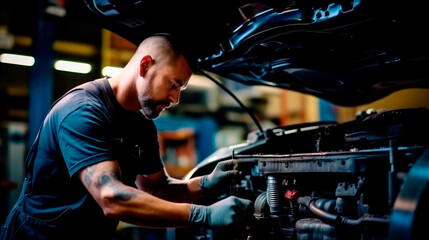 Obraz na płótnie Canvas Mechanic repairing car wheel in auto repair shop. AI generated