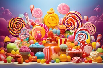 Fototapeta na wymiar Colorful Candyland Illustration Filled With Sweet Treats