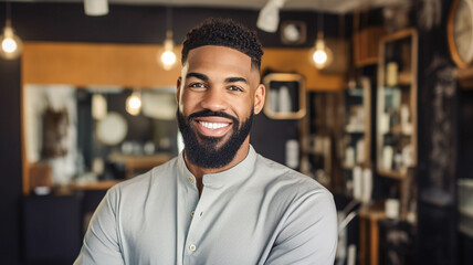 Fototapeta na wymiar Portrait of young african american professional worker and male person face with happiness and proud from small business and beauty parlor. Barber shop, small business and beauty parlor.