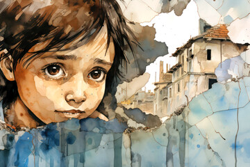 Sad child from building debris caused by natural disasters . Human suffering.