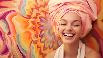 happy lady with colorful towel turban on head with copy space, spa, international women's day - obrazy, fototapety, plakaty