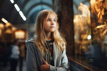 Young girl exploring a museum with curiosity - obrazy, fototapety, plakaty