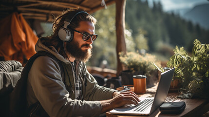 A bearded man in sunglasses works remotely while sitting in a cafe in the mountains. Digital nomad - obrazy, fototapety, plakaty