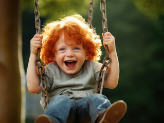Joyful red-haired kid swinging outdoors