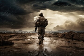 Desert Military Soldier Walking, Weapons In Hand During Storm