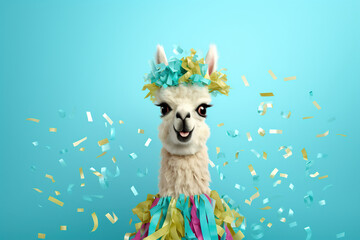 Llama shaped pinata, streamers and glitter on light blue background, flat lay. Space for text, 3d style