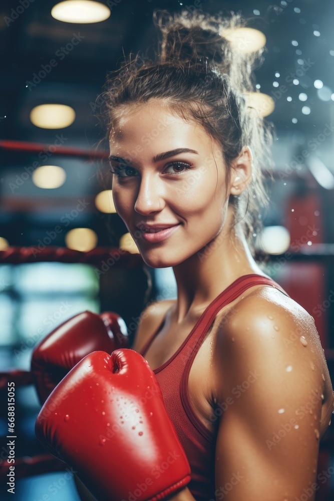 Poster A young beautiful woman practicing boxing in the gym