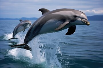 Fototapeta premium Energetic Pod Of Dolphins Joyfully Leaps Out Of Water